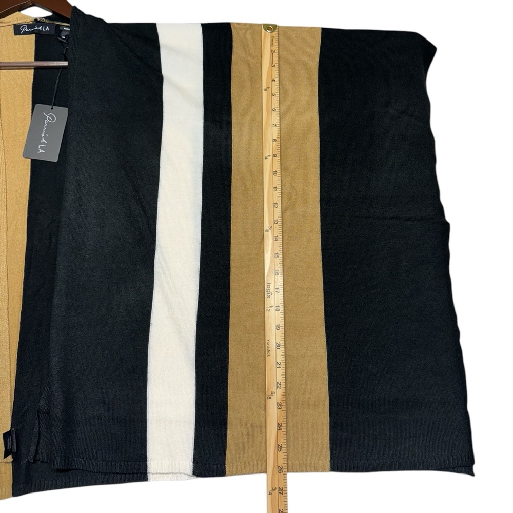 Parrish LA Stevie Poncho Wrap Black Camel Tan White Stripe OS Colorblock Winter - Picture 6 of 10